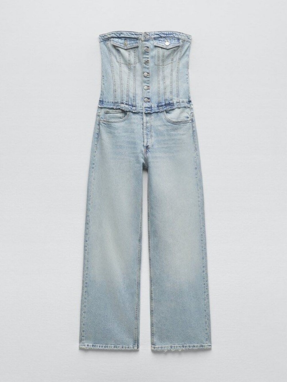 Zara Strapless Light Blue Wide-Leg Button-up Denim Jumpsuit - Size M